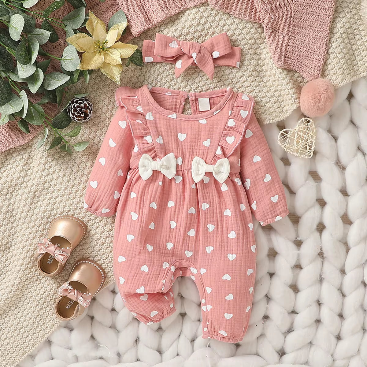 Sweetheart Days – Baby Girl Summer Cotton Jumpsuit with Bowknot & Love Print