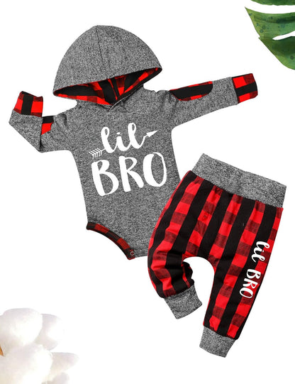 Newborn Baby Boy Clothes Plaid Letter Print Long Sleeve Hoodies + Long Pants 2PCS Fall Winter Outfits Set